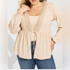 Torrid Top/ Cardigan Cream Soft, Stretchy, Puff Sleeves, Lace Accent NWT size 2X